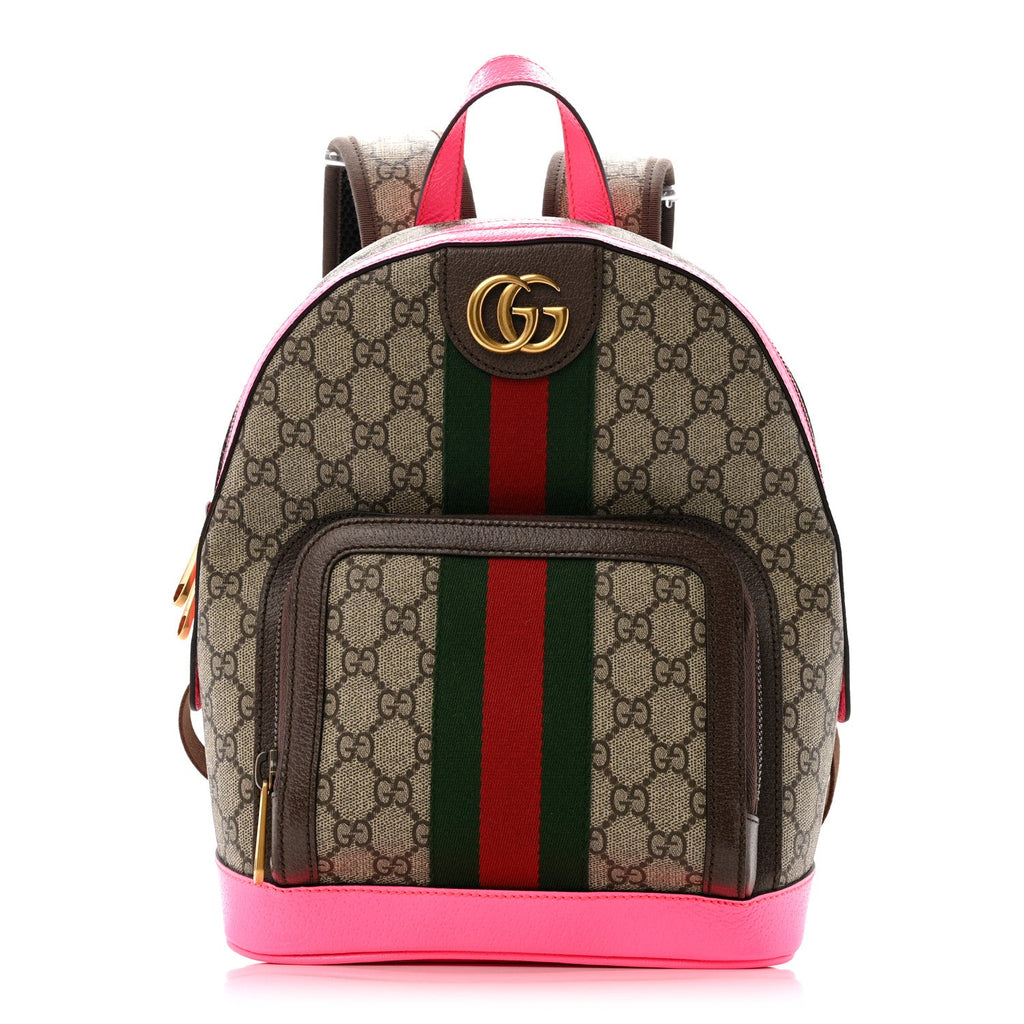 GG Supreme Monogram Textured Dollar Calfskin Web Small Ophidia Day Backpack Beige Ebony Fluorescent Fuchsia