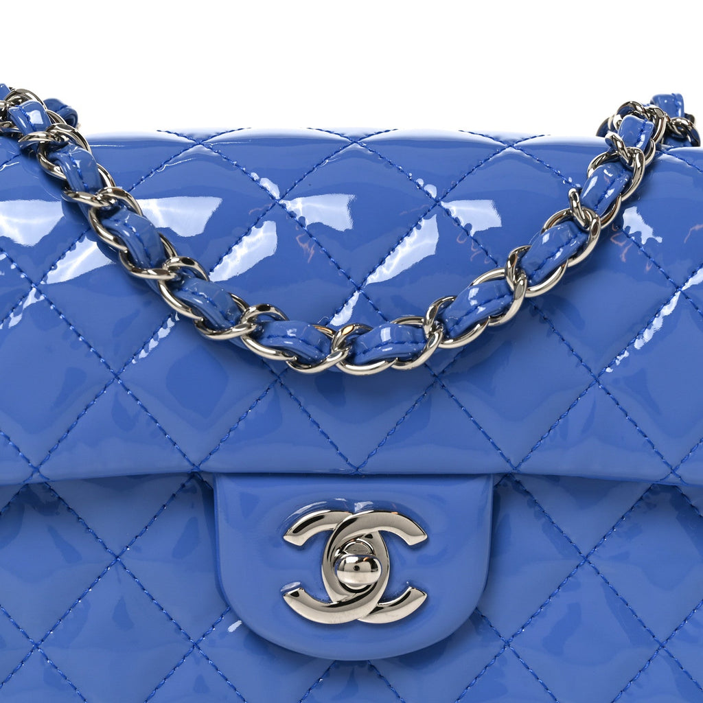 Patent Calfskin Quilted Mini Rectangular Flap Blue