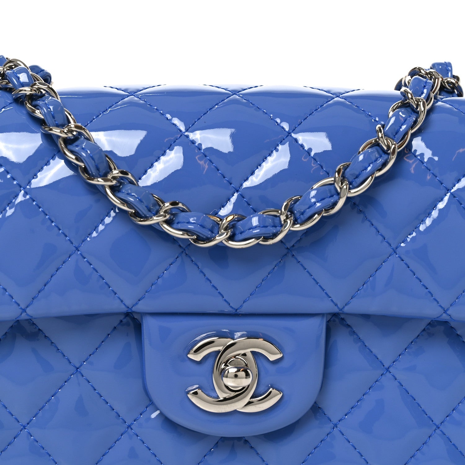 Patent Calfskin Quilted Mini Rectangular Flap Blue
