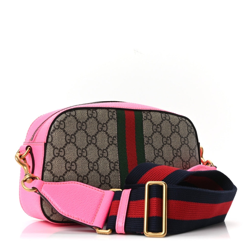 GG Supreme Monogram Textured Dollar Calfskin Web Ophidia Small Crossbody Bag Beige Ebony Fuchsia