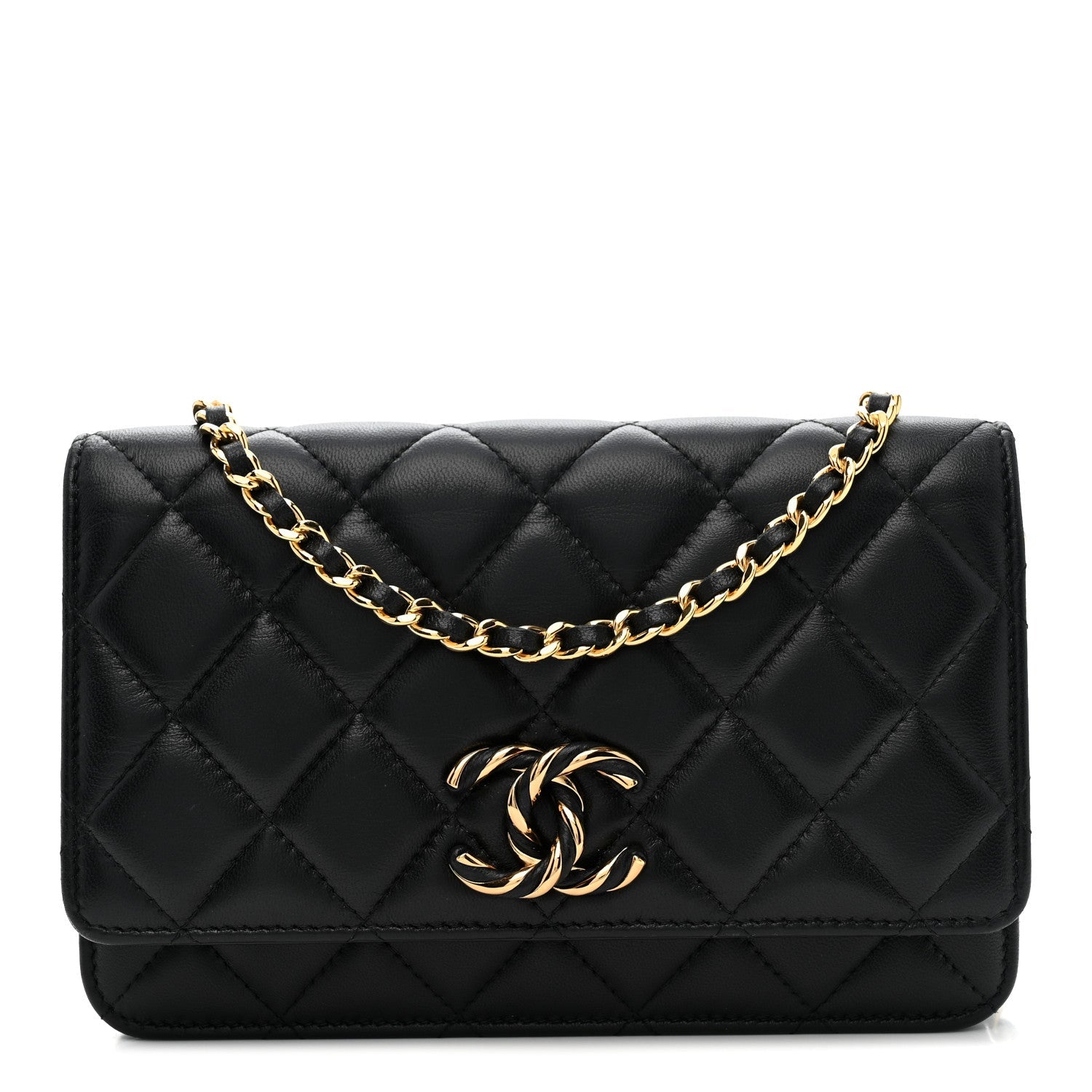 Lambskin Quilted Twisted CC Wallet On Chain WOC Black