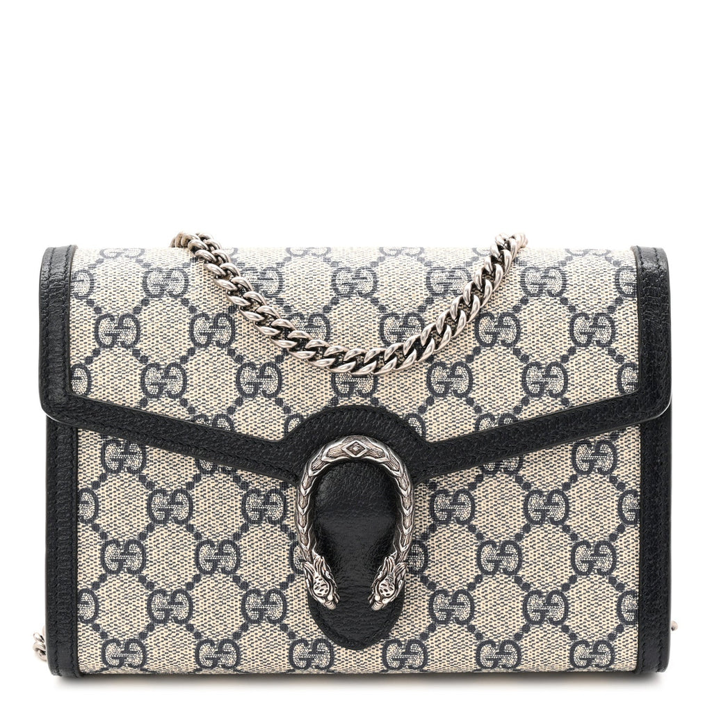 GG Supreme Monogram Textured Dollar Calfskin Mini Dionysus Chain Wallet Beige Blue