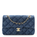 Printed Denim Quilted Small Double Flap Blue